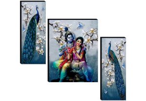 SAF Set of 3 Radha Krishna with Couple Peacock UV Textured Home Decorative Item Self Adhesive Painting 18 Inch X 12 Inch stumbit krishna