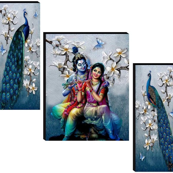 SAF Set of 3 Radha Krishna with Couple Peacock UV Textured Home Decorative Item Self Adhesive Painting 18 Inch X 12 Inch stumbit krishna